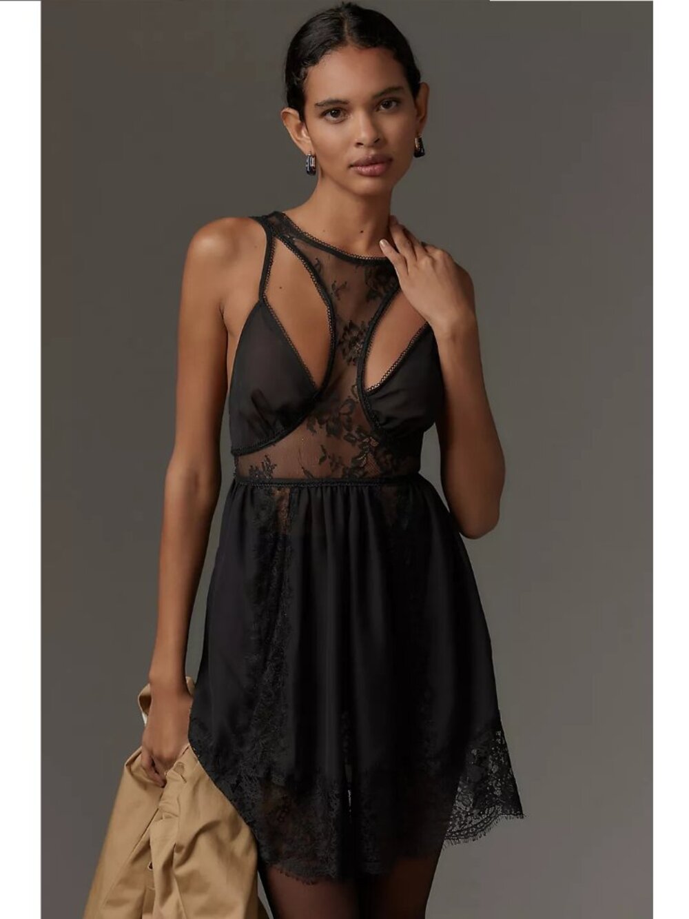 By Anthropologie Sheer Mix Halter Floral Lace Mini Black Dress Size Small